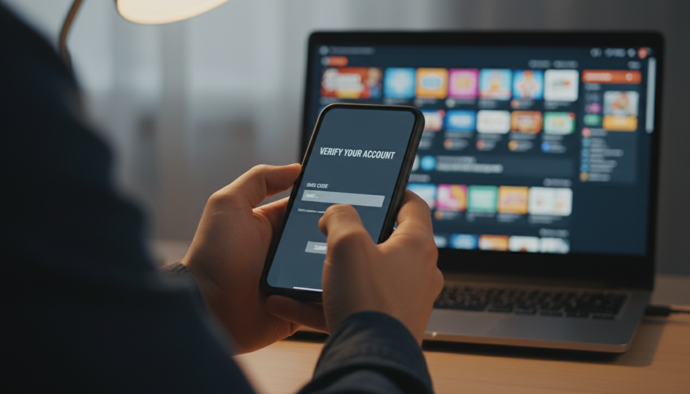 Gracz wpisujący kod SMS na smartfonie w celu aktywacji bonusu kasynowego