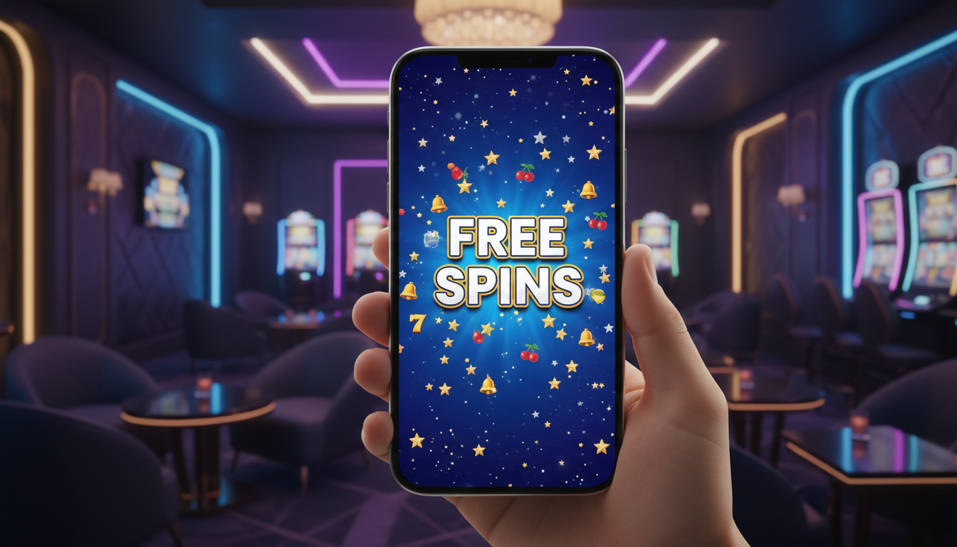 Smartfon wyświetlający interfejs kasyna z grafiką darmowych spinów