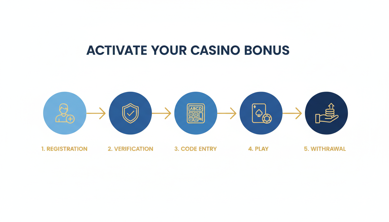 Infografika przedstawiająca proces aktywacji bonusu bez depozytu w 5 krokach