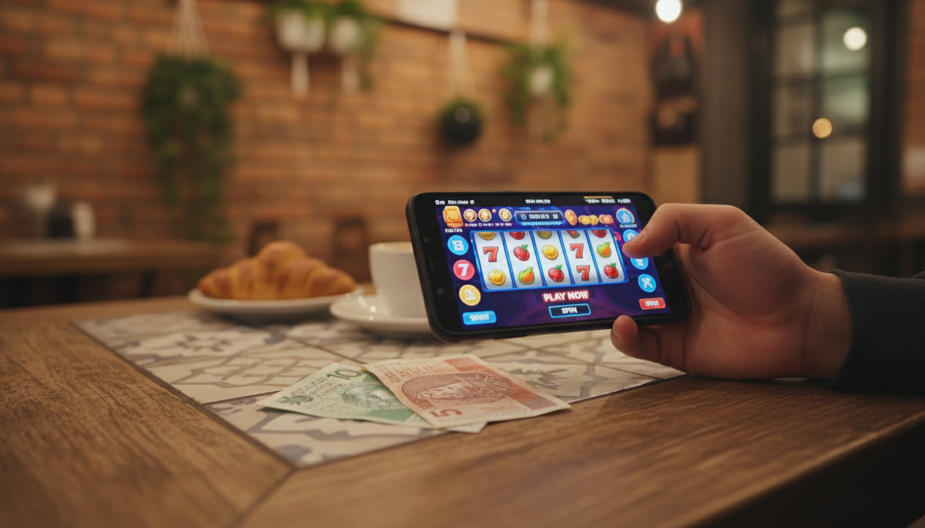 Osoba trzymająca telefon z aplikacją kasynową w polskiej kawiarni