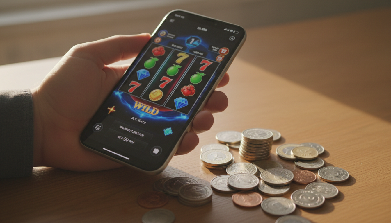 Gracz trzymający smartfon z aplikacją kasyna na tle polskich złotych